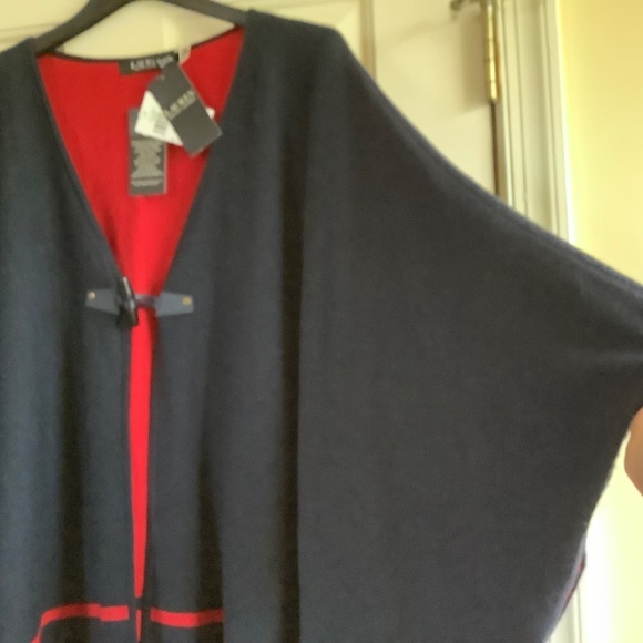 Lauren Ralph Lauren Intarsia-Knit Two-Tone Poncho Navy Red One Size Plus - Picture 11 of 16